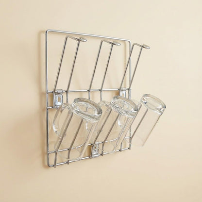 Wall-mounted stainless steel cup and mug holder rack by Wukusy, measures 25x25 cm, with five hooks for kitchen organization.