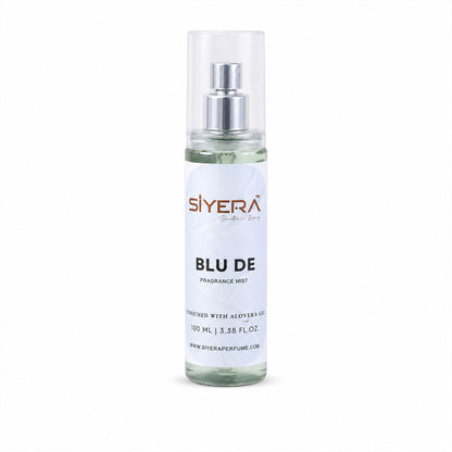 Wukusy Blu De Fragrance Mist Body Spray with Aloe Vera Gel in 100ml, showing the spray bottle on a white background.