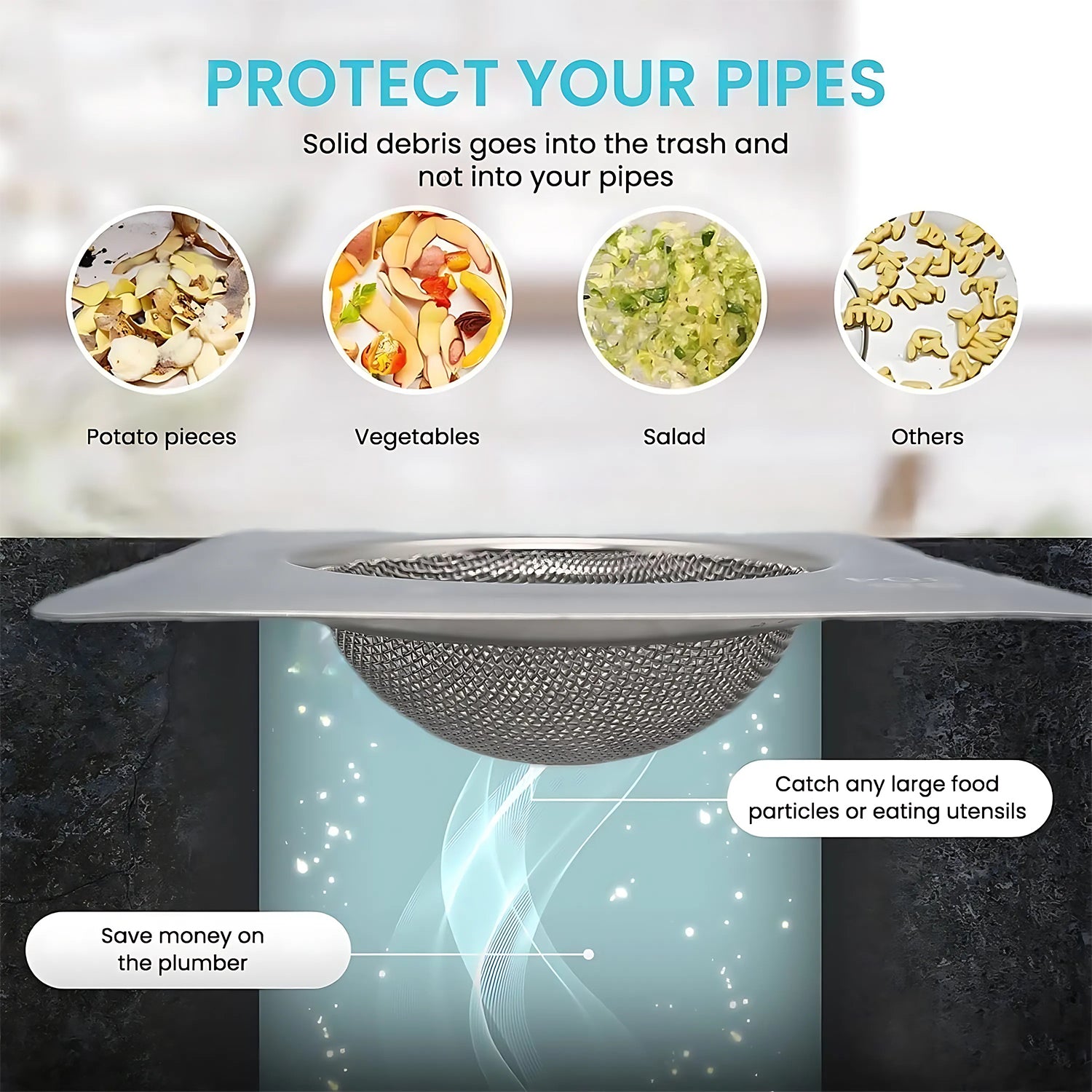 Stainless steel square sink strainer by Wukusy, designed to fit kitchen sinks and prevent debris from clogging drains.