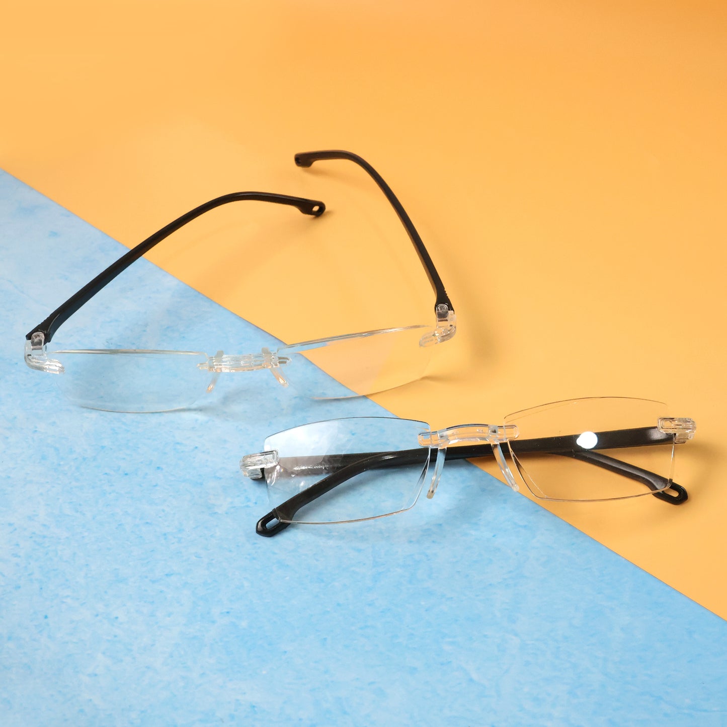 Pair of lightweight Wukusy rimless reading glasses with comfortable fit, ideal for daily reading and vision correction.