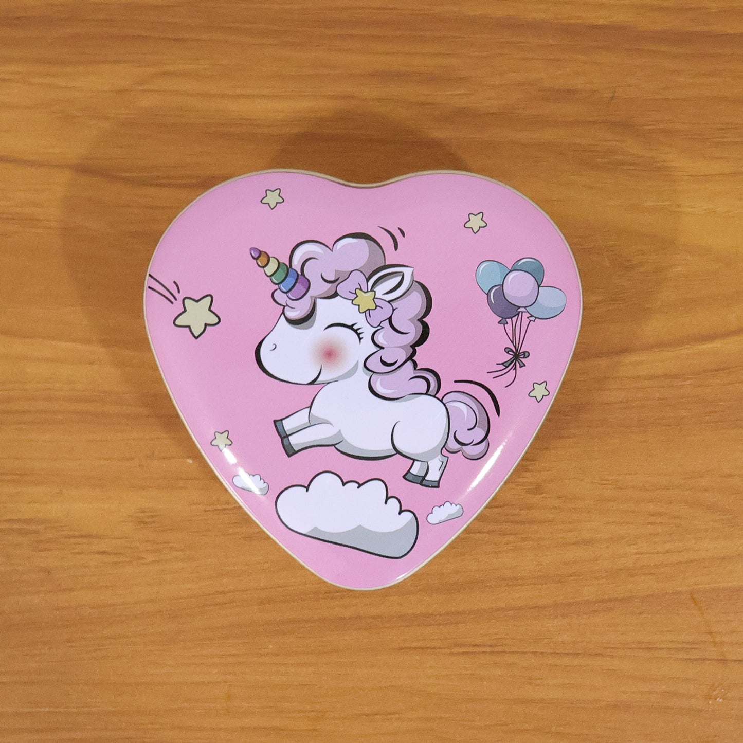 Heart-shaped unicorn printed storage box by Wukusy, featuring colorful unicorn and heart designs for versatile organization.