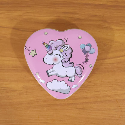 Heart-shaped unicorn printed storage box by Wukusy, featuring colorful unicorn and heart designs for versatile organization.