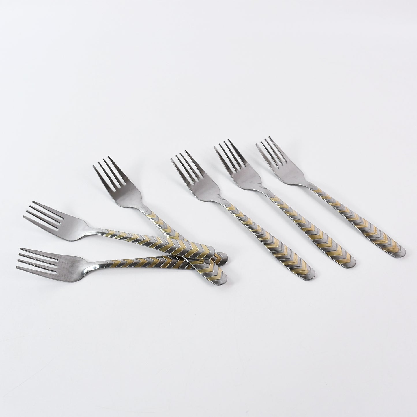 Set of six elegant stainless steel forks from Wukusy, featuring polished handles and four tines for dining and serving.