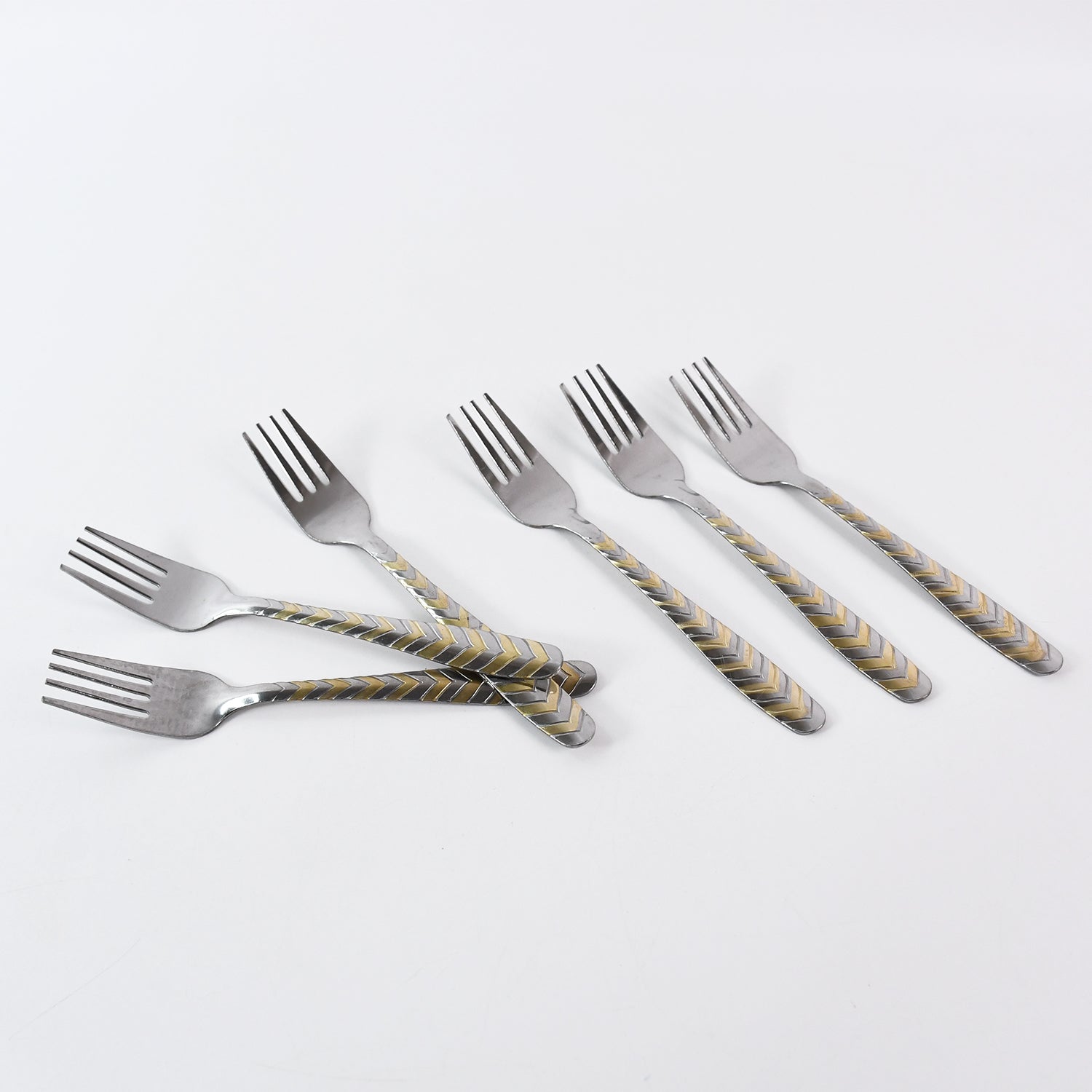 Set of six elegant stainless steel forks from Wukusy, featuring polished handles and four tines for dining and serving.