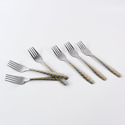 Set of six elegant stainless steel forks from Wukusy, featuring polished handles and four tines for dining and serving.