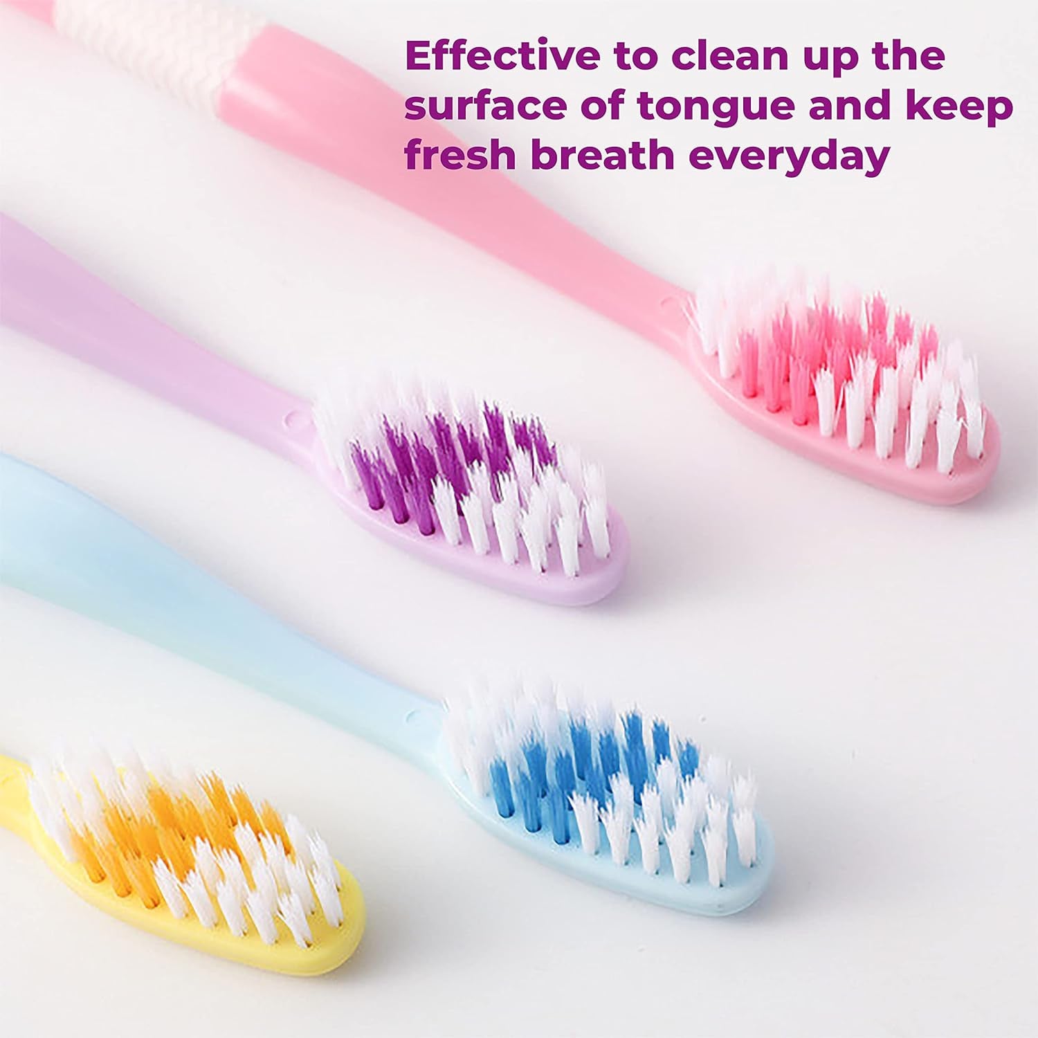 Set of 8 Wukusy 2-in-1 soft toothbrushes with tongue scraper, long handle, and soft bristles for effective oral hygiene.