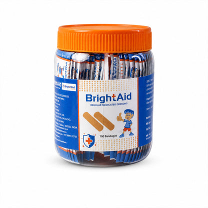 Wukusy Brightaid regular adhesive bandages with medicated wound dressing strips, 100 pcs for minor cuts and injuries.