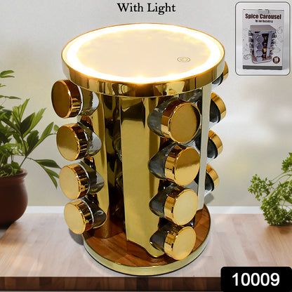 Wukusy 10009 LED spice rack organizer with rotating tower, 16 seasoning jars, stainless steel, golden finish, kitchen storage solution