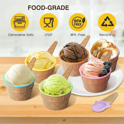 Wukusy 5322 ice-cream waffle spoon bowel cup set with 6 colorful bowls and spoons, perfect for serving ice cream.