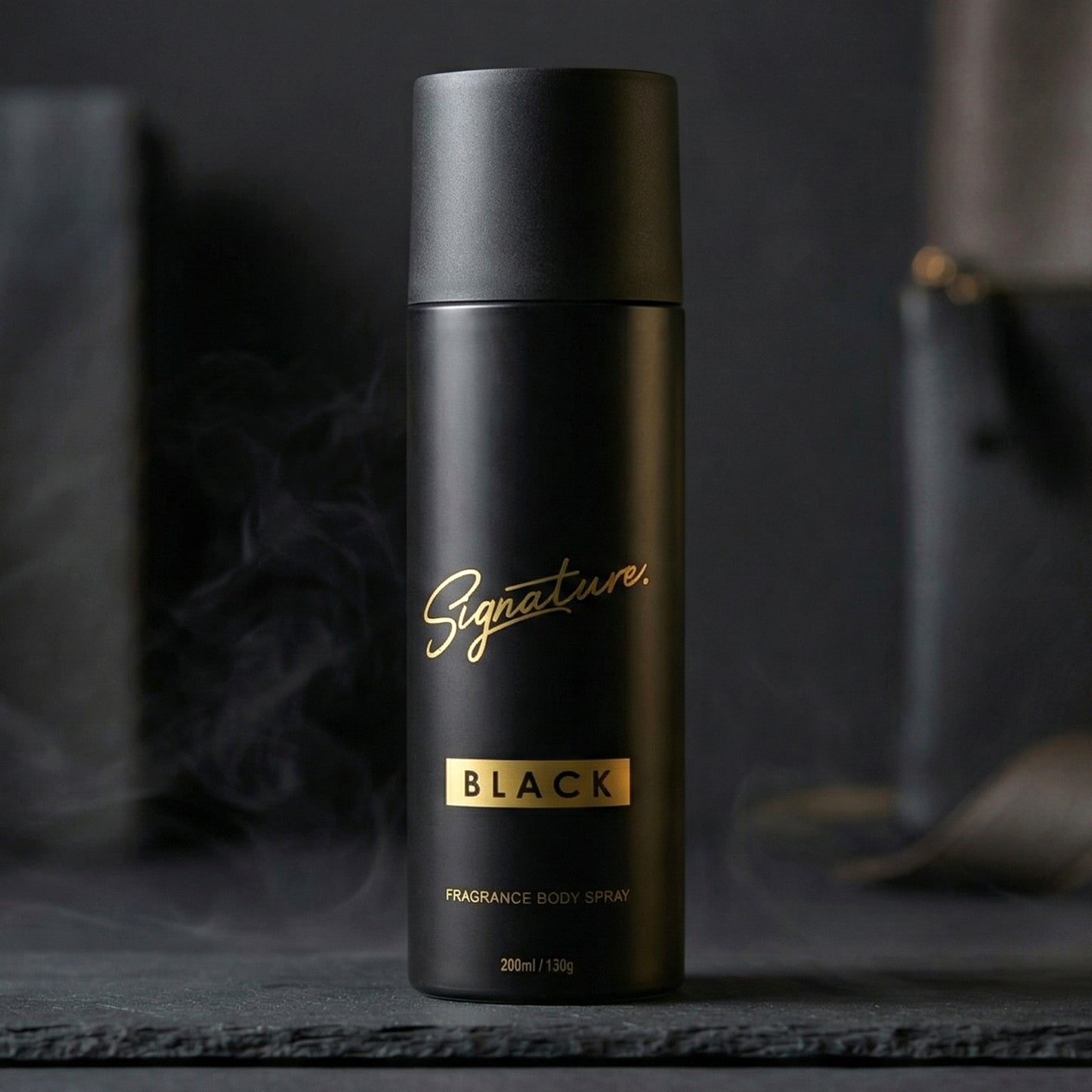 Wukusy Signature Premium Black Fragrance Body Spray 200ml spray bottle with black packaging and elegant design.