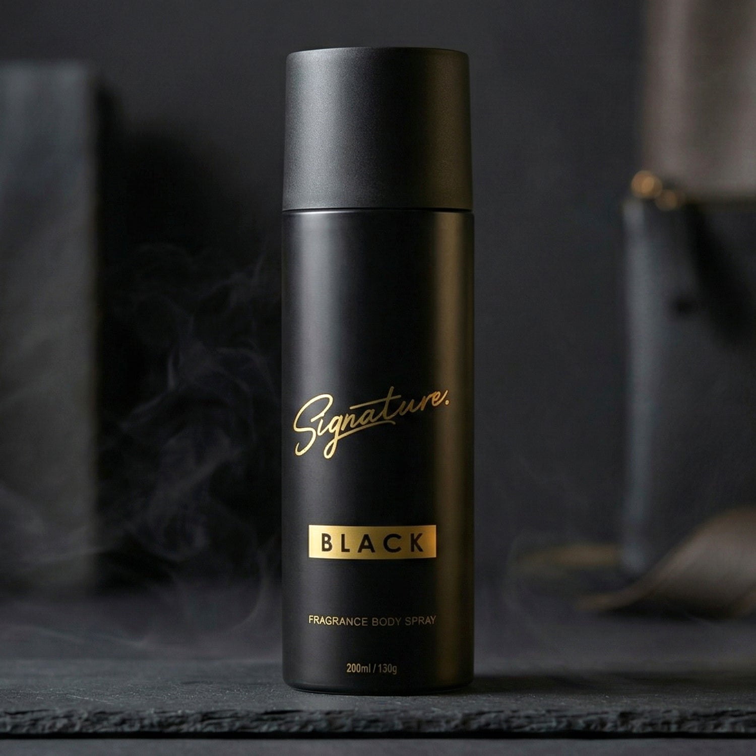 Wukusy Signature Premium Black Fragrance Body Spray 200ml spray bottle with black packaging and elegant design.