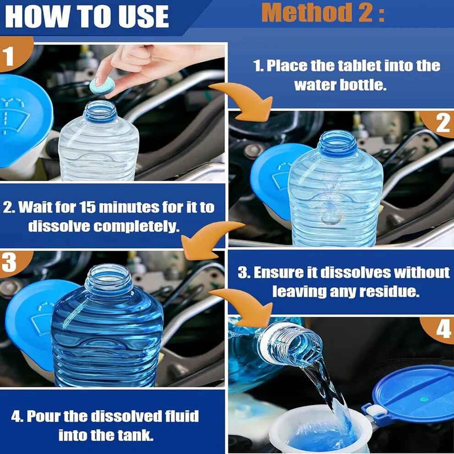 Wukusy car windshield glass cleaning effervescent tablet dissolving in water, used for cleaning vehicle windshields effectively.
