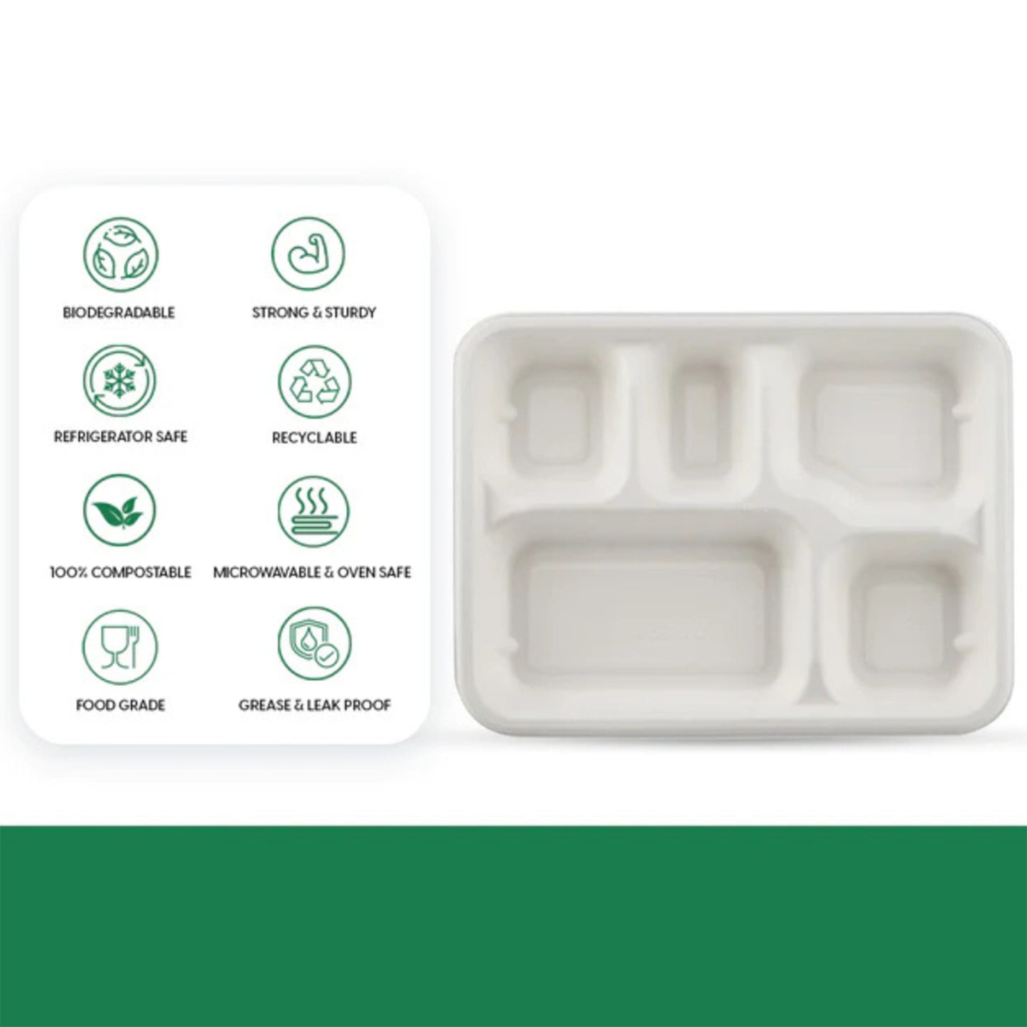 Five-compartment rectangle compostable bagasse lunch plates from Wukusy, 10-pack, suitable for eco-friendly home and kitchen use.