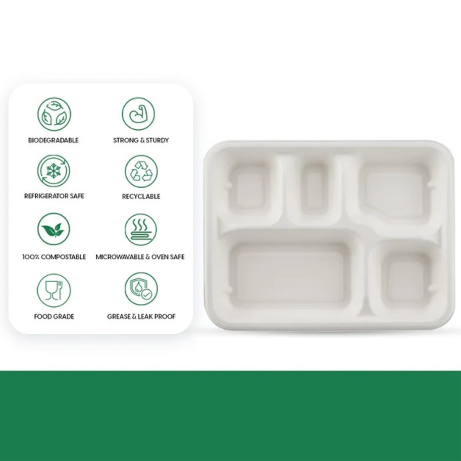 Five-compartment rectangle compostable bagasse lunch plates from Wukusy, 10-pack, suitable for eco-friendly home and kitchen use.