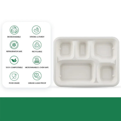 Five-compartment rectangle compostable bagasse lunch plates from Wukusy, 10-pack, suitable for eco-friendly home and kitchen use.