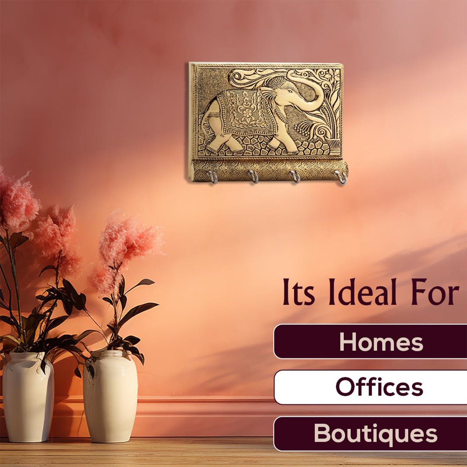 Wukusy wooden key holder with gold antique elephant design, stylish home decor accessory with metal detailing
