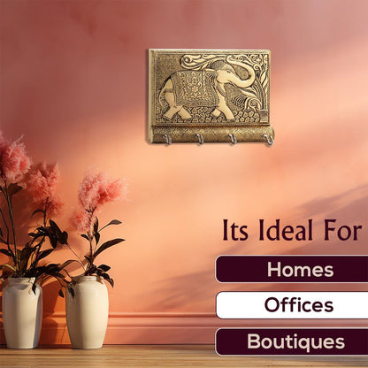 Wukusy wooden key holder with gold antique elephant design, stylish home decor accessory with metal detailing