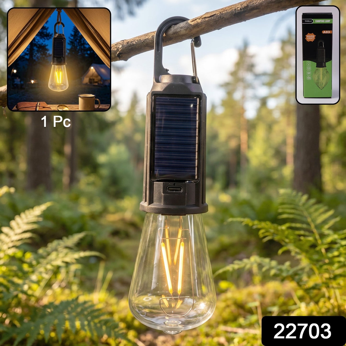 Wukusy solar rechargeable camping lamp with warm LED light, hook for portable outdoor camping or hiking illumination.