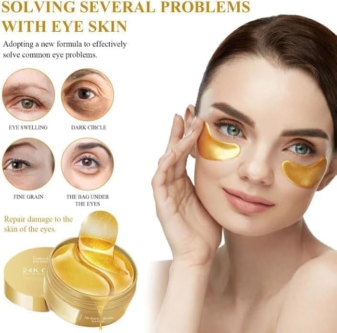 Drpshippr gold eye patches under mask with pure gold collagen for dark circles, puffiness, and wrinkle reduction.