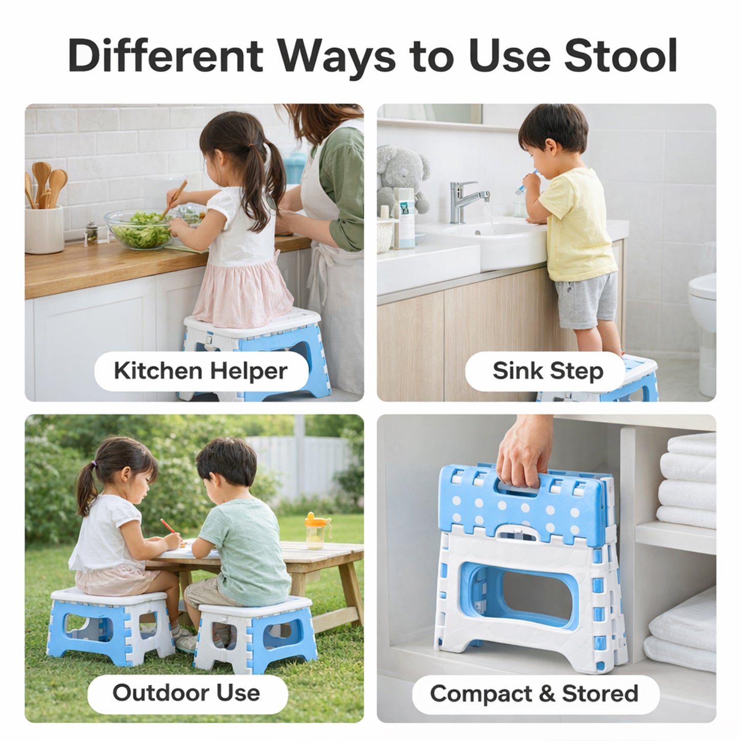 Wukusy foldable step stool in gray, compact design with non-slip surface, suitable for reaching high shelves or tasks around the home.