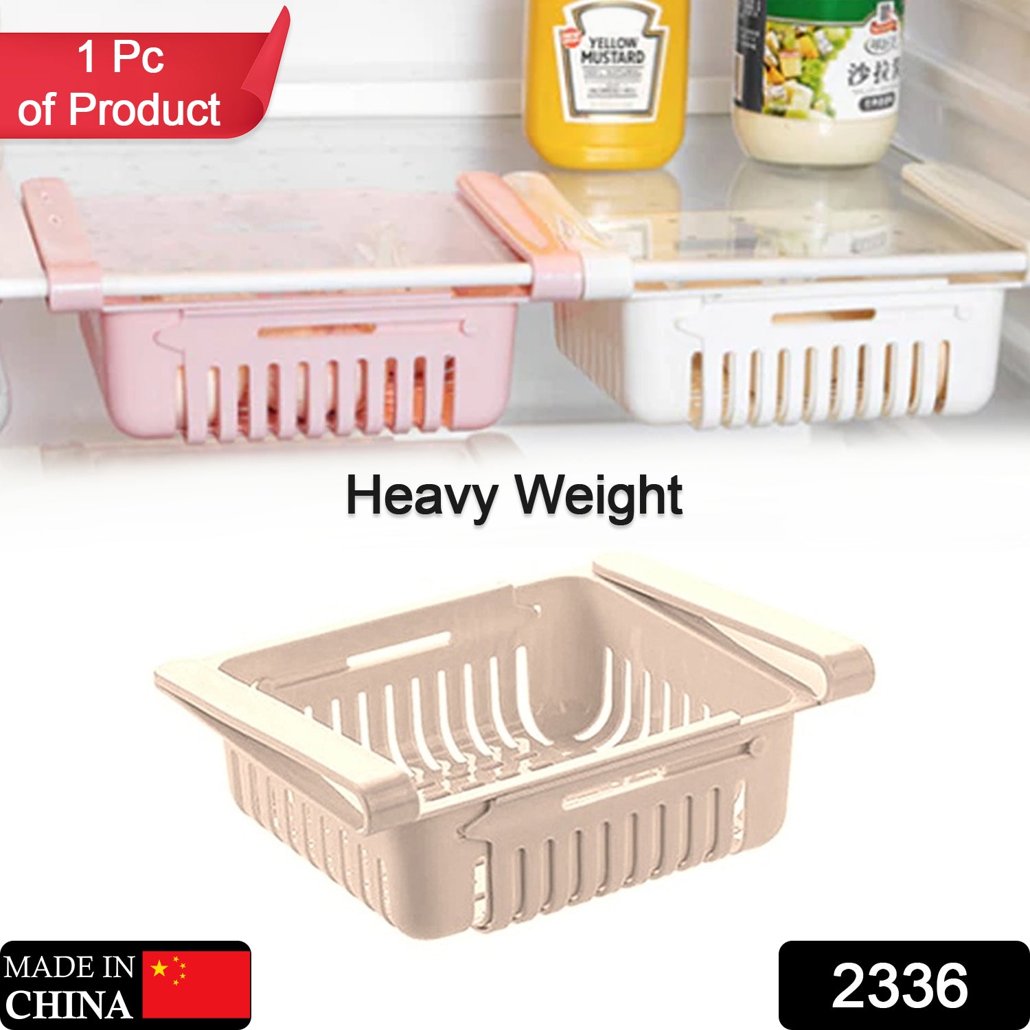 Wukusy 2336 expandable adjustable fridge storage basket with multiple compartments for organized kitchen storage.