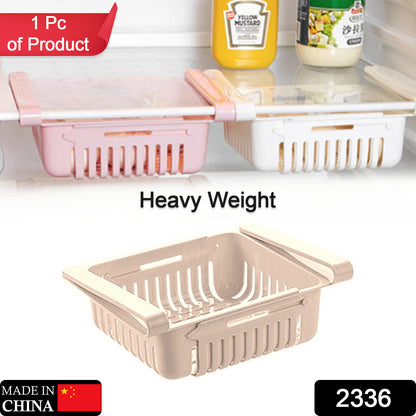 Wukusy 2336 expandable adjustable fridge storage basket with multiple compartments for organized kitchen storage.