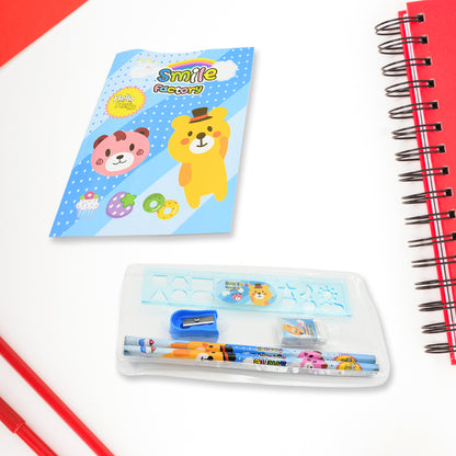 Wukusy kids stationery kit with wooden pencil sharpener, eraser, notebook, scale, and zip bag, ideal as birthday return gift for children