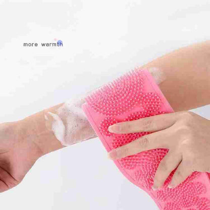 Wukusy 7274 eco-friendly silicone bath body brush towel with strap, back scrubber for shower and body cleaning in bathroom.