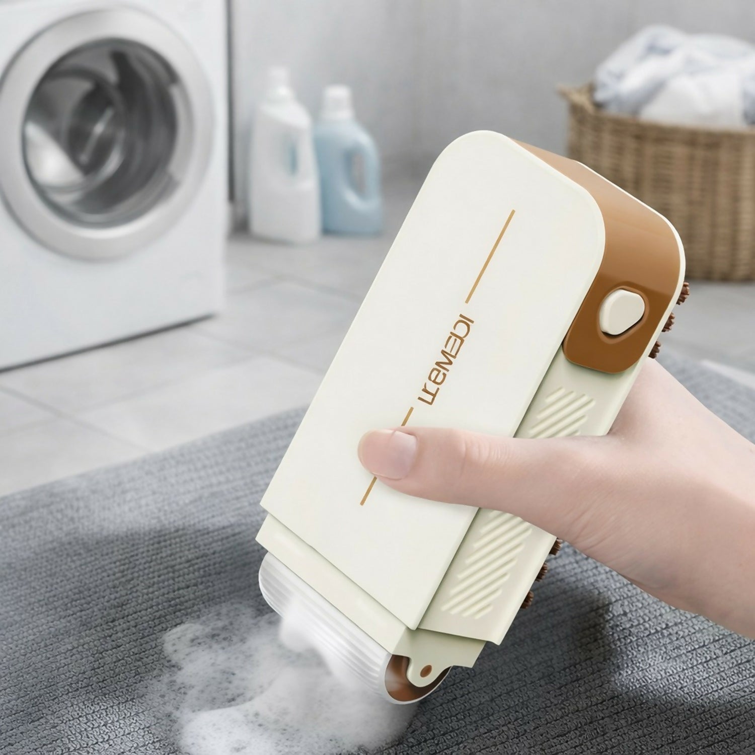 Wukusy liquid dispensing cleaning brush with built-in soap dispenser, featuring a colorful handle for home kitchen use.