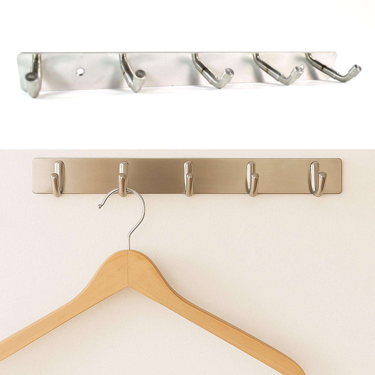 Stainless steel wall-mounted coat rack with five hooks, home and kitchen organization by Wukusy, measures 26x3 inches.