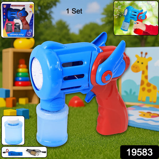 Wukusy rechargeable bubble gun toy for kids with colorful design, handheld toy producing bubbles for outdoor play.