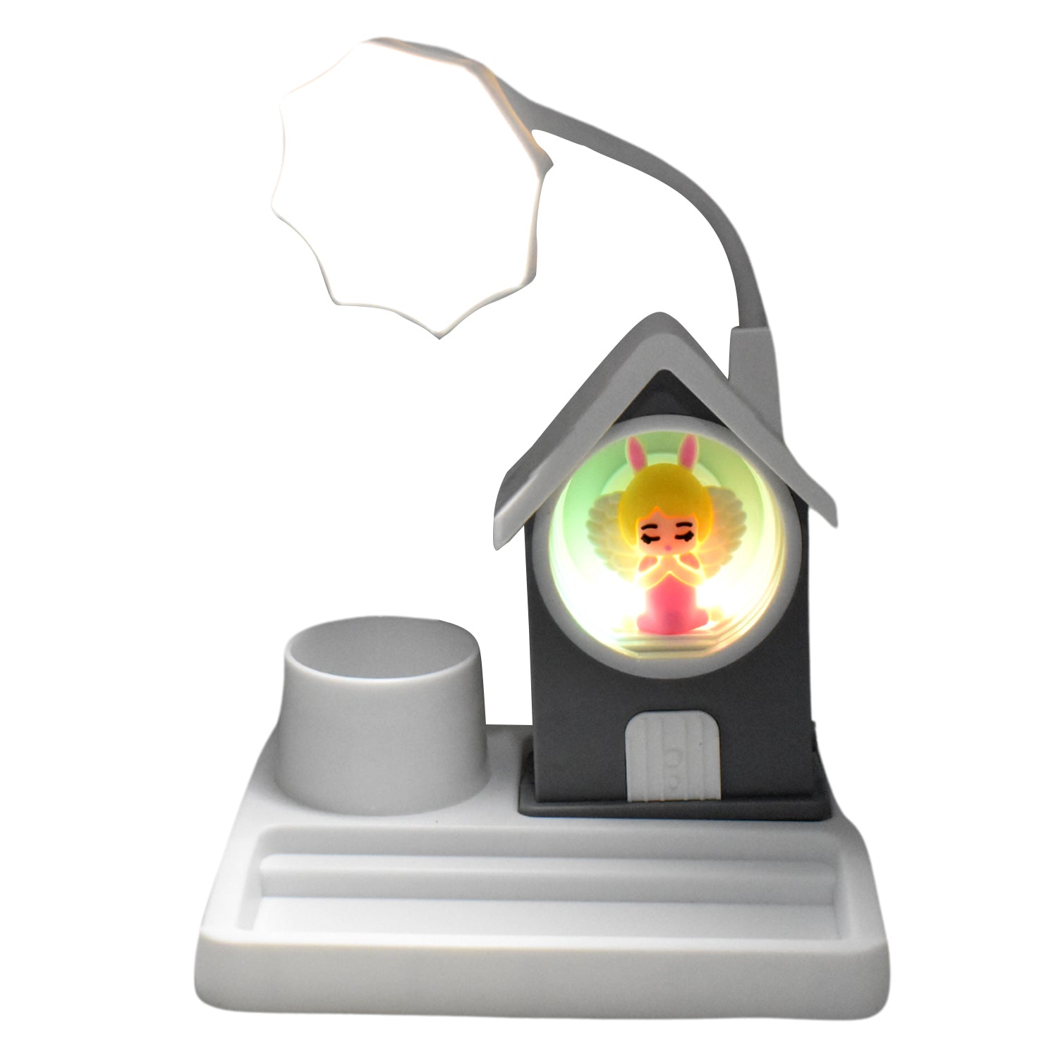 Cute cartoon LED desk light with plastic base, multi-color changing lights, designed for home decor by Wukusy.
