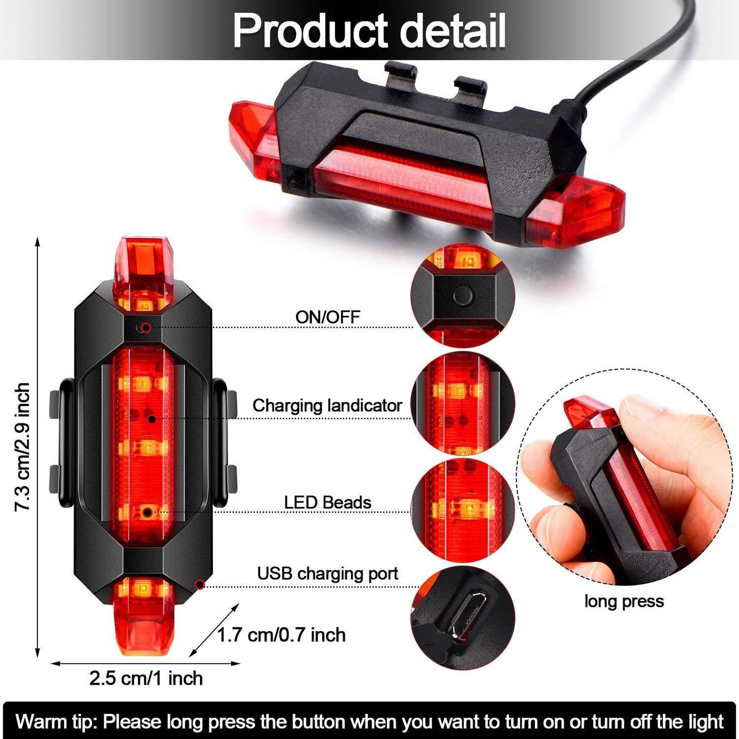 Wukusy 1561 Rechargeable bicycle front waterproof LED light with red beam, mounted on a bike for visibility and safety.