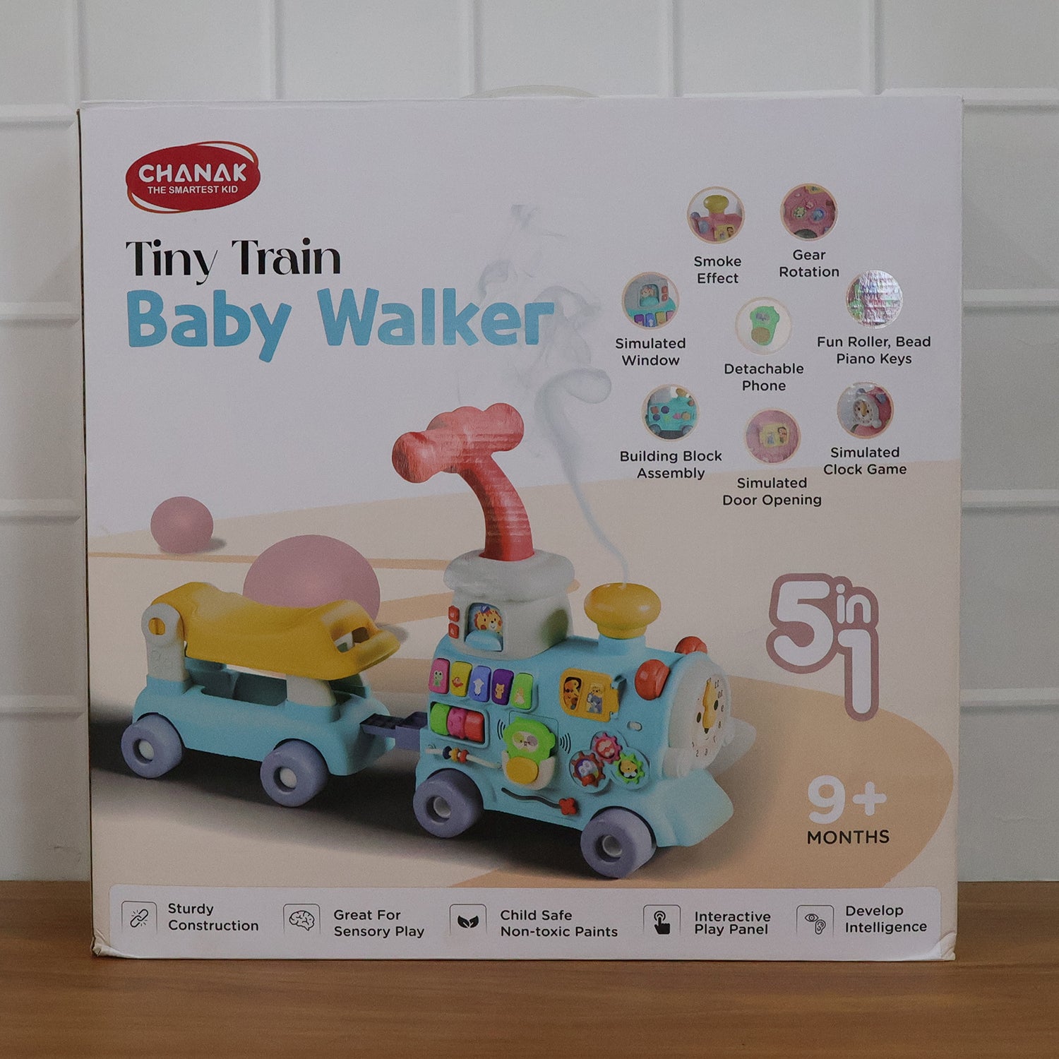 Wukusy Aditi Tiny Train baby walker ride-on toy with push handle, featuring colorful train design for young children to play and learn.