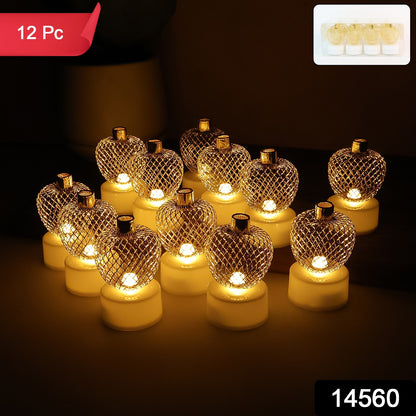 Set of 12 Wukusy decorative apple-shaped LED tealight candles for home decor, featuring warm glowing lights and realistic apple design.