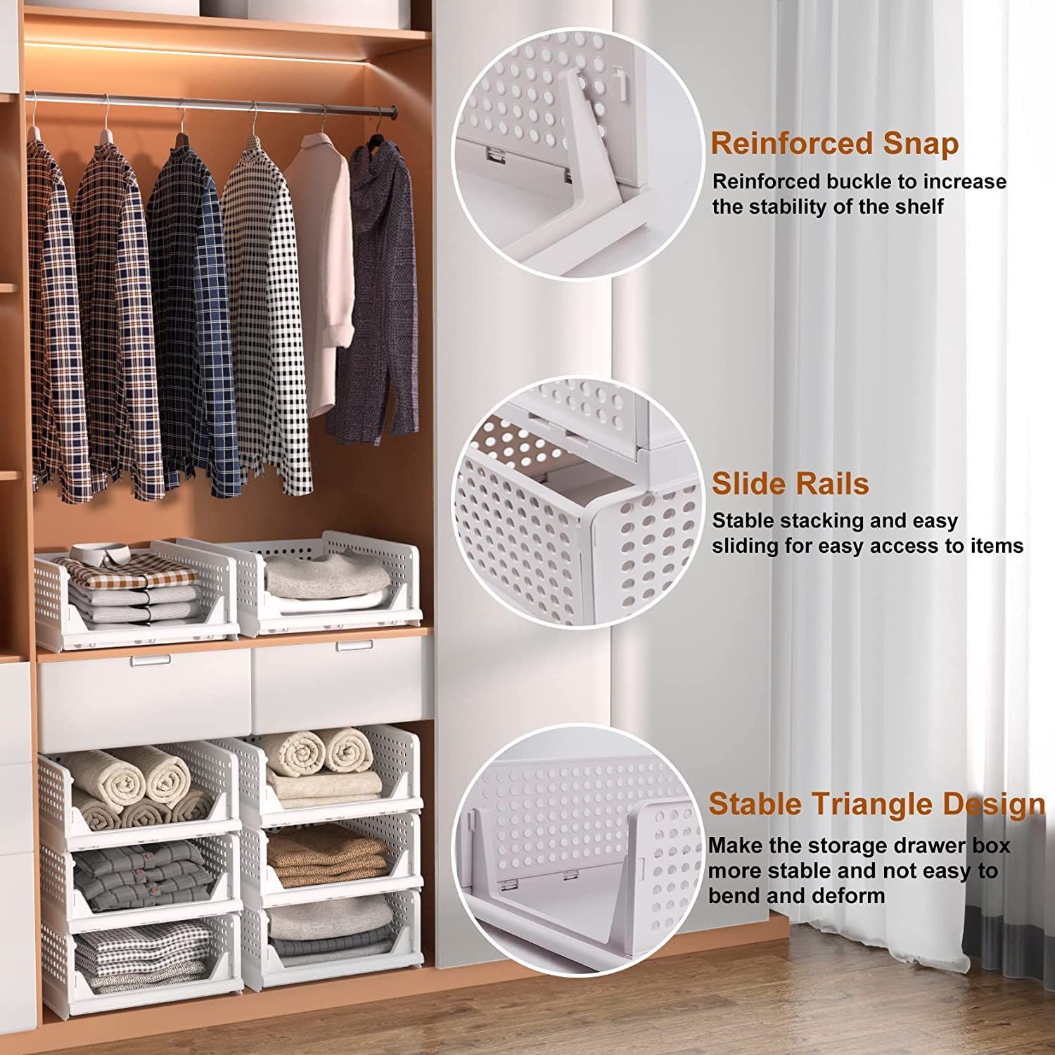 Wukusy 3-layer plastic wardrobe clothes organizer with foldable, stackable compartments for closet and drawer storage.