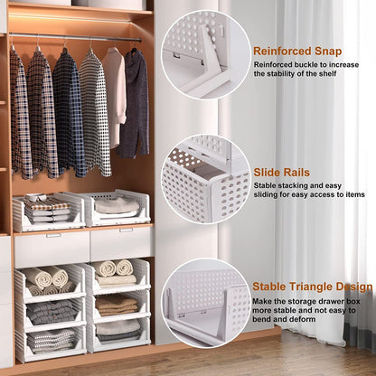 Wukusy 3-layer plastic wardrobe clothes organizer with foldable, stackable compartments for closet and drawer storage.