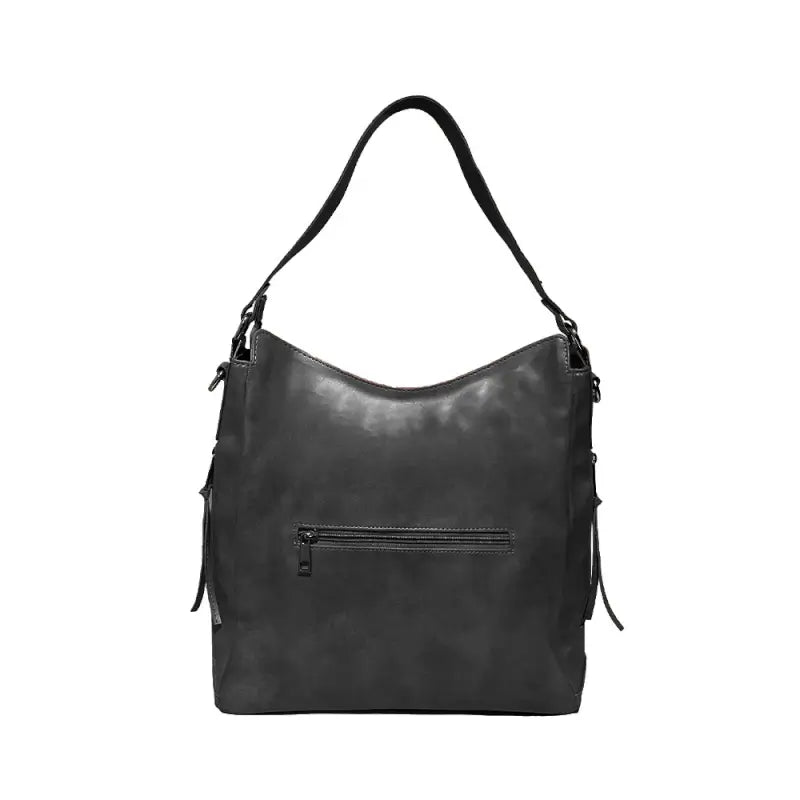 Black vegan leather shoulder bag with adjustable strap, water-resistant, lightweight, spacious for camping and hiking gear.