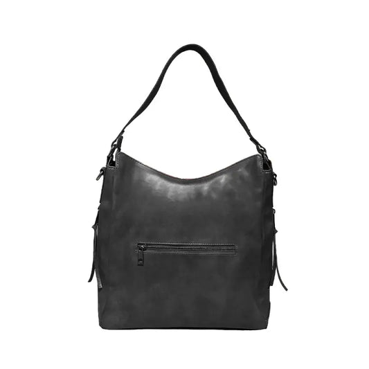 Black vegan leather shoulder bag with adjustable strap, water-resistant, lightweight, spacious for camping and hiking gear.