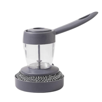 Wukusy handheld soap dispenser with scrub brush set for kitchen and bathroom cleaning, featuring a pump and textured scrub attachment