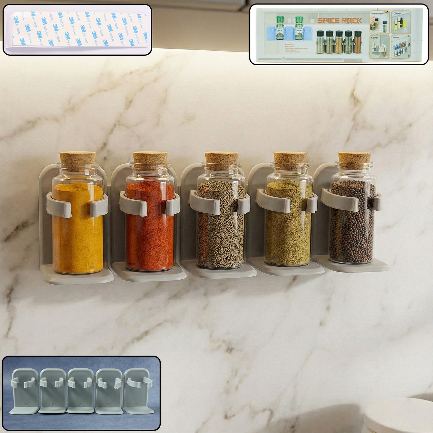 Wall-mounted Wukusy adjustable spice rack organizer with multiple shelves for kitchen spices and bottles.