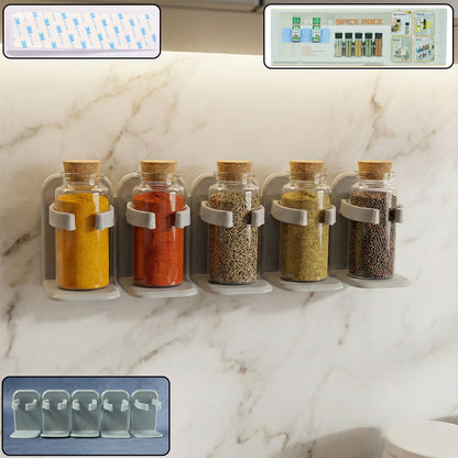 Wall-mounted Wukusy adjustable spice rack organizer with multiple shelves for kitchen spices and bottles.