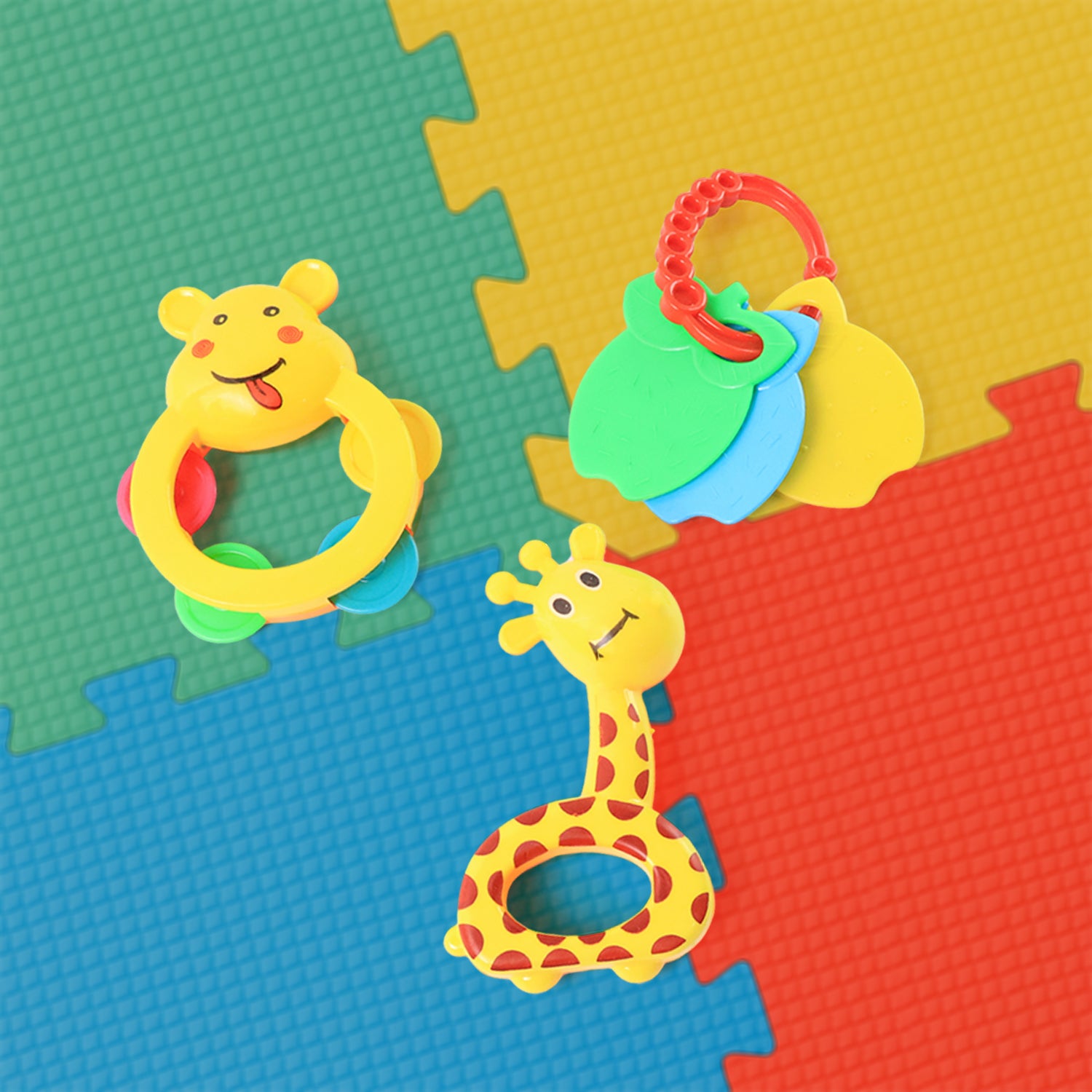 Colorful animal-shaped baby rattle toy set with three plush rattles from Wukusy, featuring bright, soft, and engaging designs for infants.