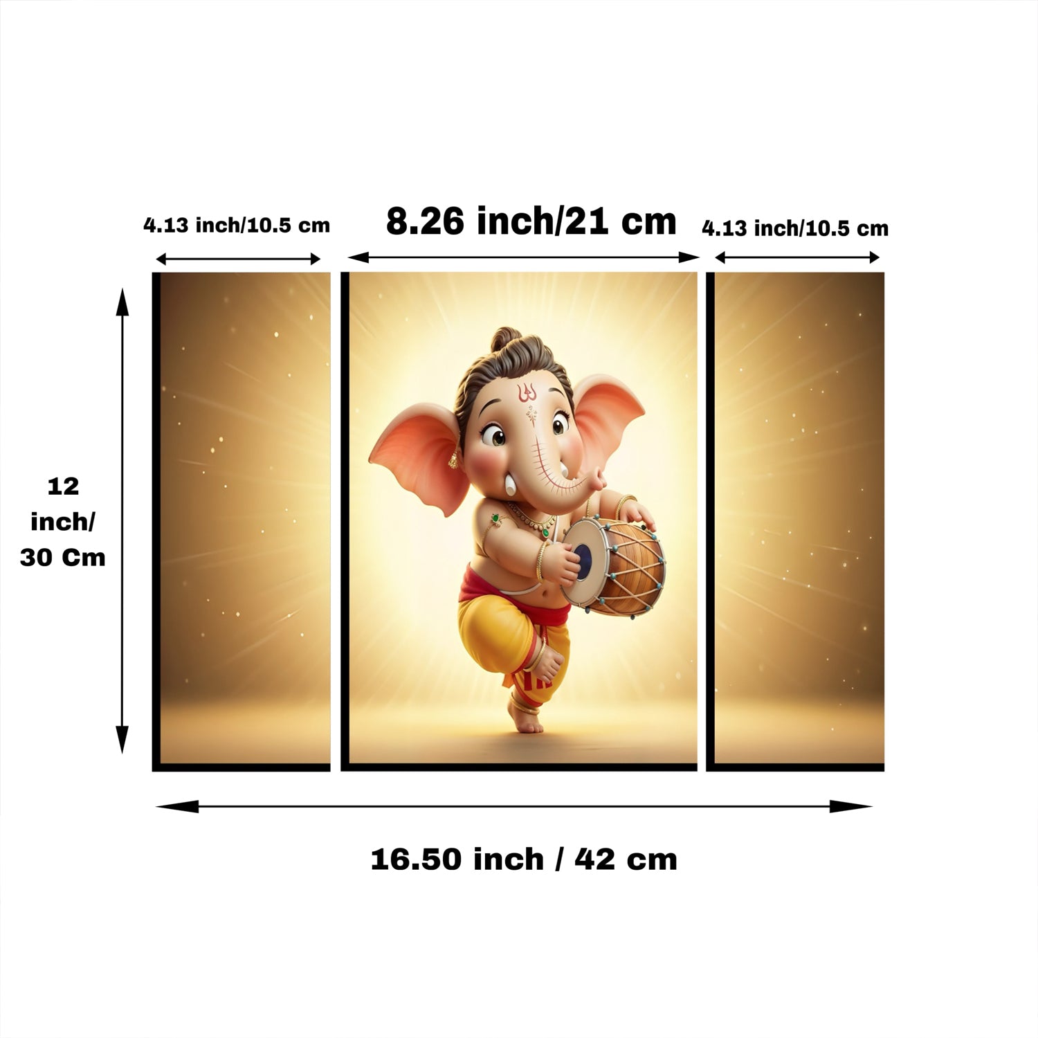 Wukusy Ganesha 3-panel MDF wall frame religious art decor, featuring intricate Ganesha design, 16.5x12 inches, home interior decoration.