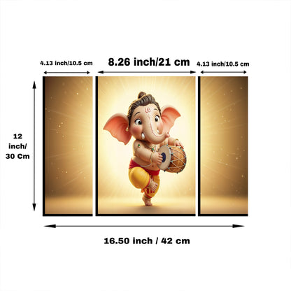Wukusy Ganesha 3-panel MDF wall frame religious art decor, featuring intricate Ganesha design, 16.5x12 inches, home interior decoration.