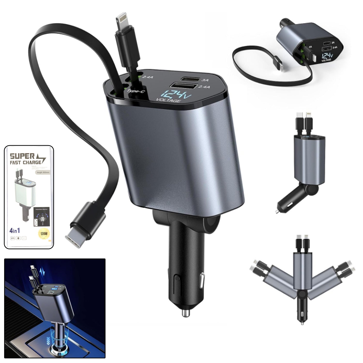 Wukusy 4-in-1 super fast car charger with dual built-in cables and dual USB ports for mobile device charging in car.