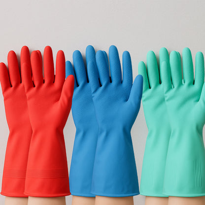 Pair of Wukusy long cuff multipurpose rubber cleaning gloves in mixed colors, ideal for home cleaning tasks.