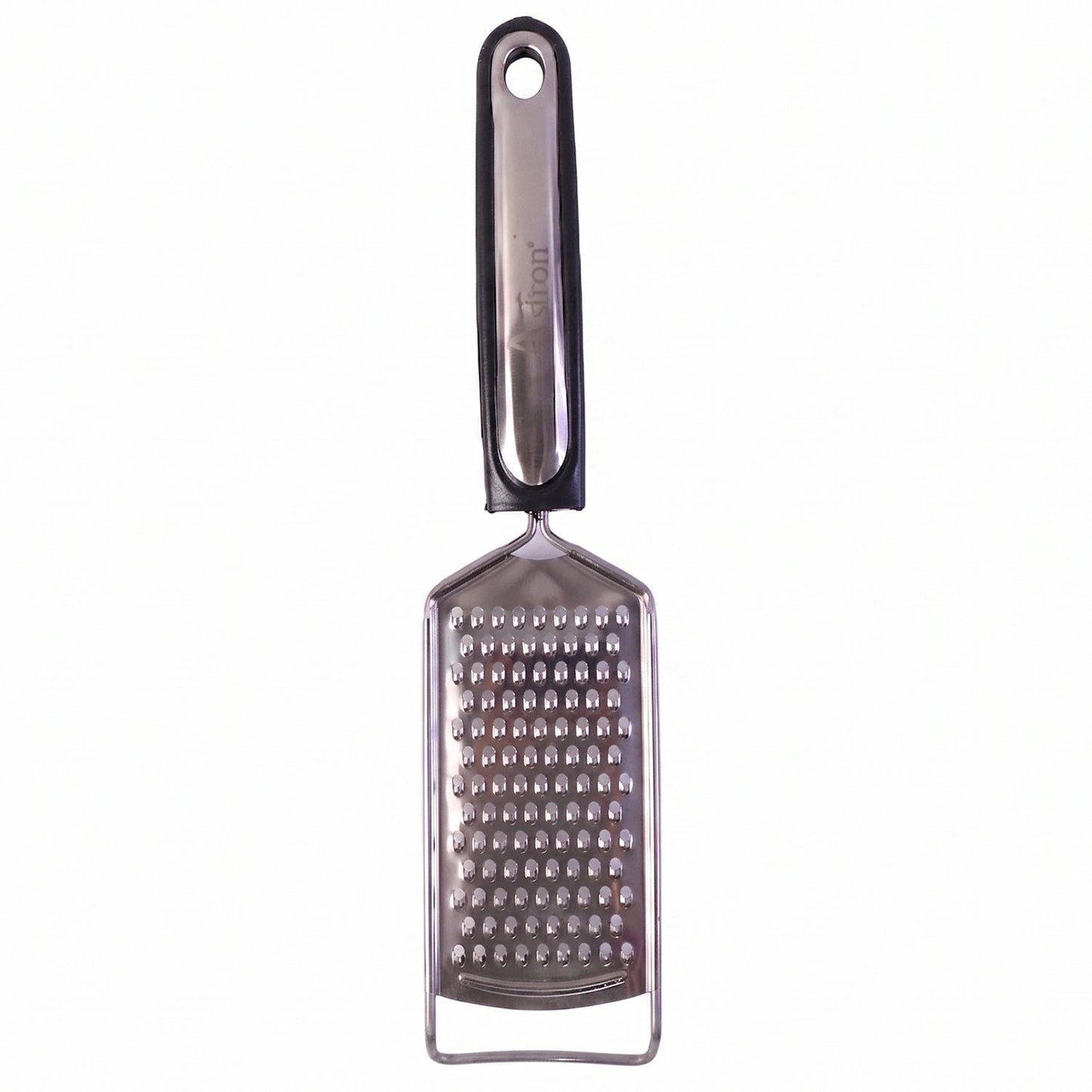 Wukusy SS slim cheese grater with plastic handle for vegetables and lemon zest, shown with grated lemon zest on a surface.