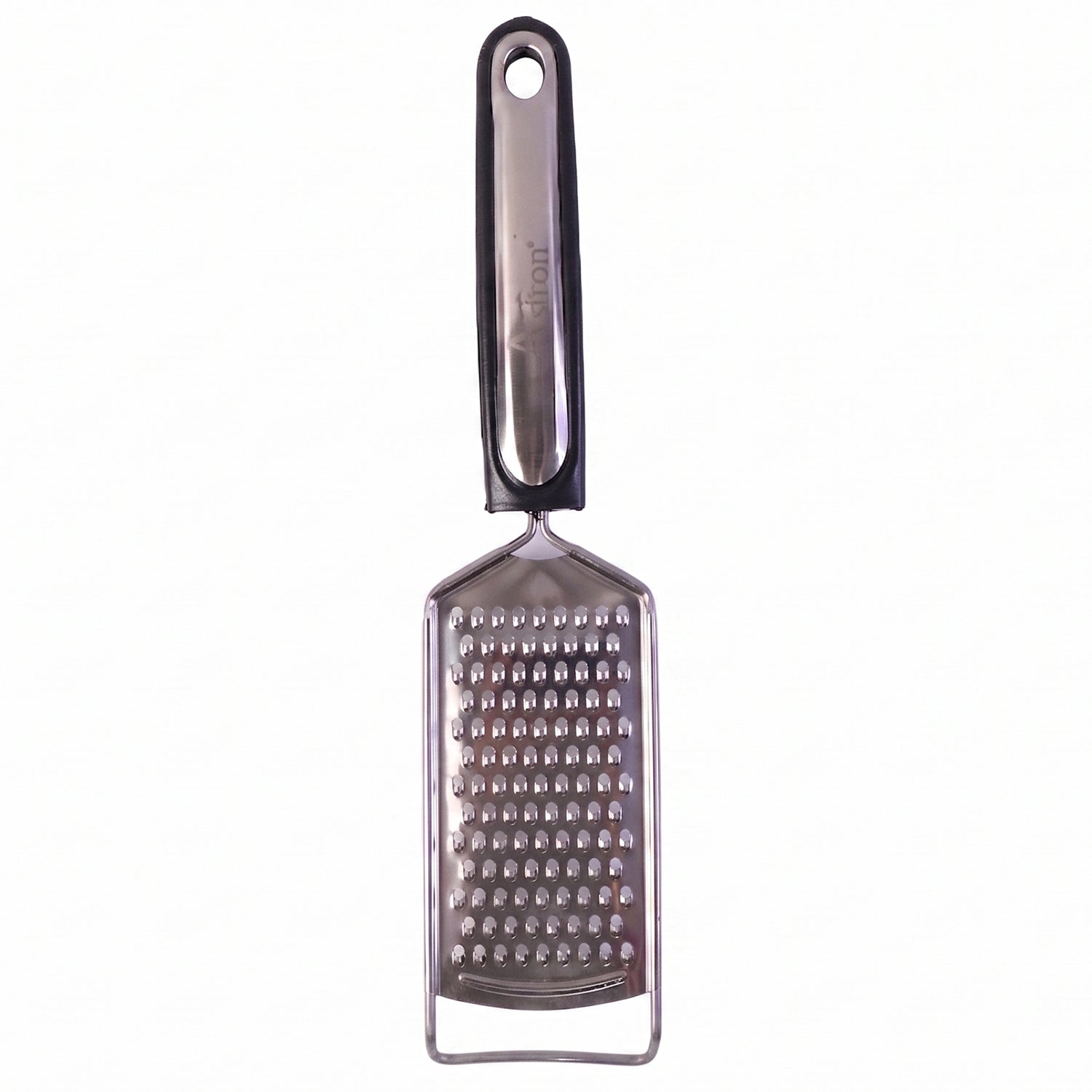 Wukusy SS slim cheese grater with plastic handle for vegetables and lemon zest, shown with grated lemon zest on a surface.