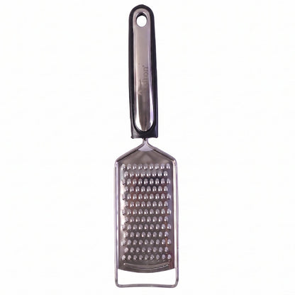 Wukusy SS slim cheese grater with plastic handle for vegetables and lemon zest, shown with grated lemon zest on a surface.